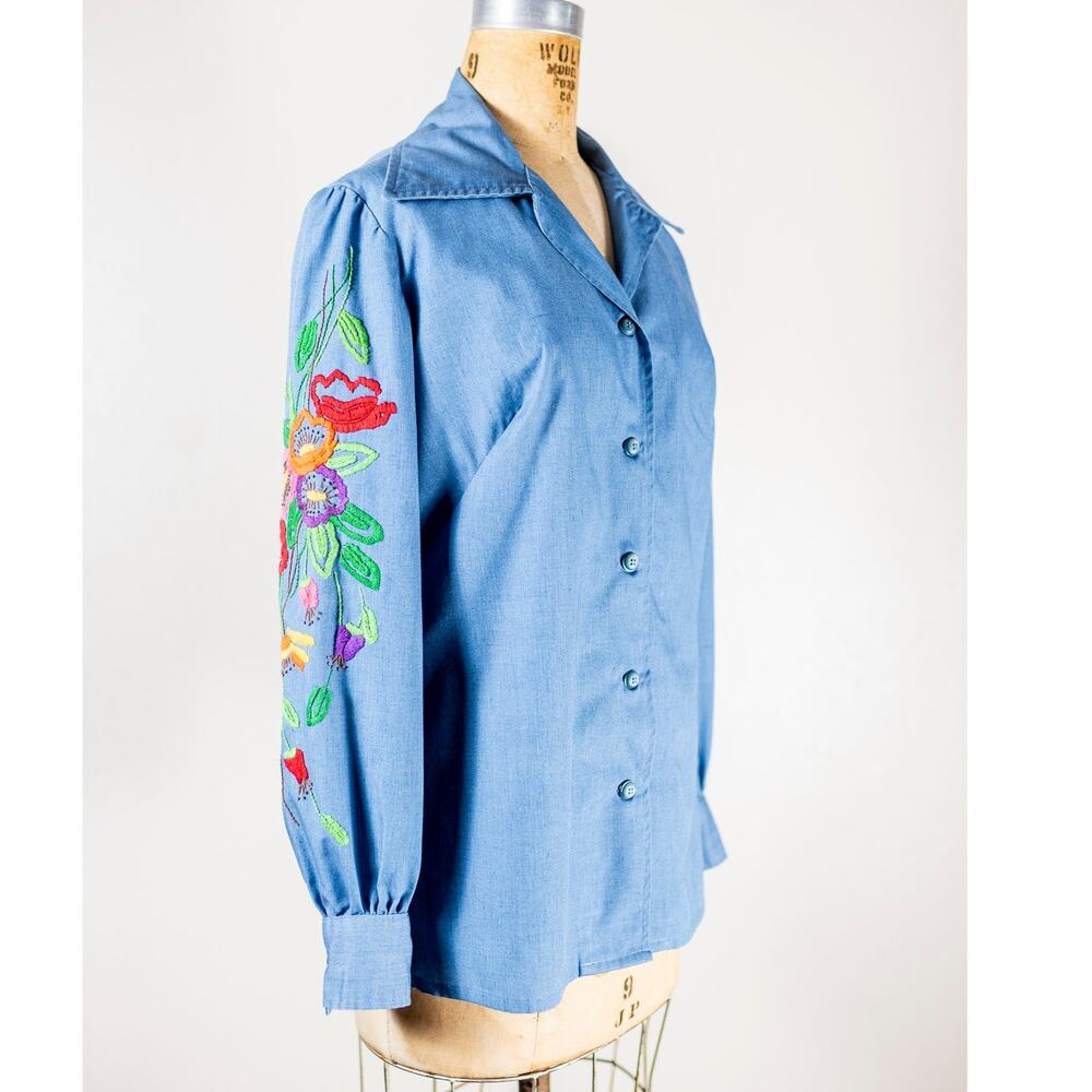Vintage 70s Floral Sleeve Chambray Longsleeve Blouse, Retro Colorful Flowers S M